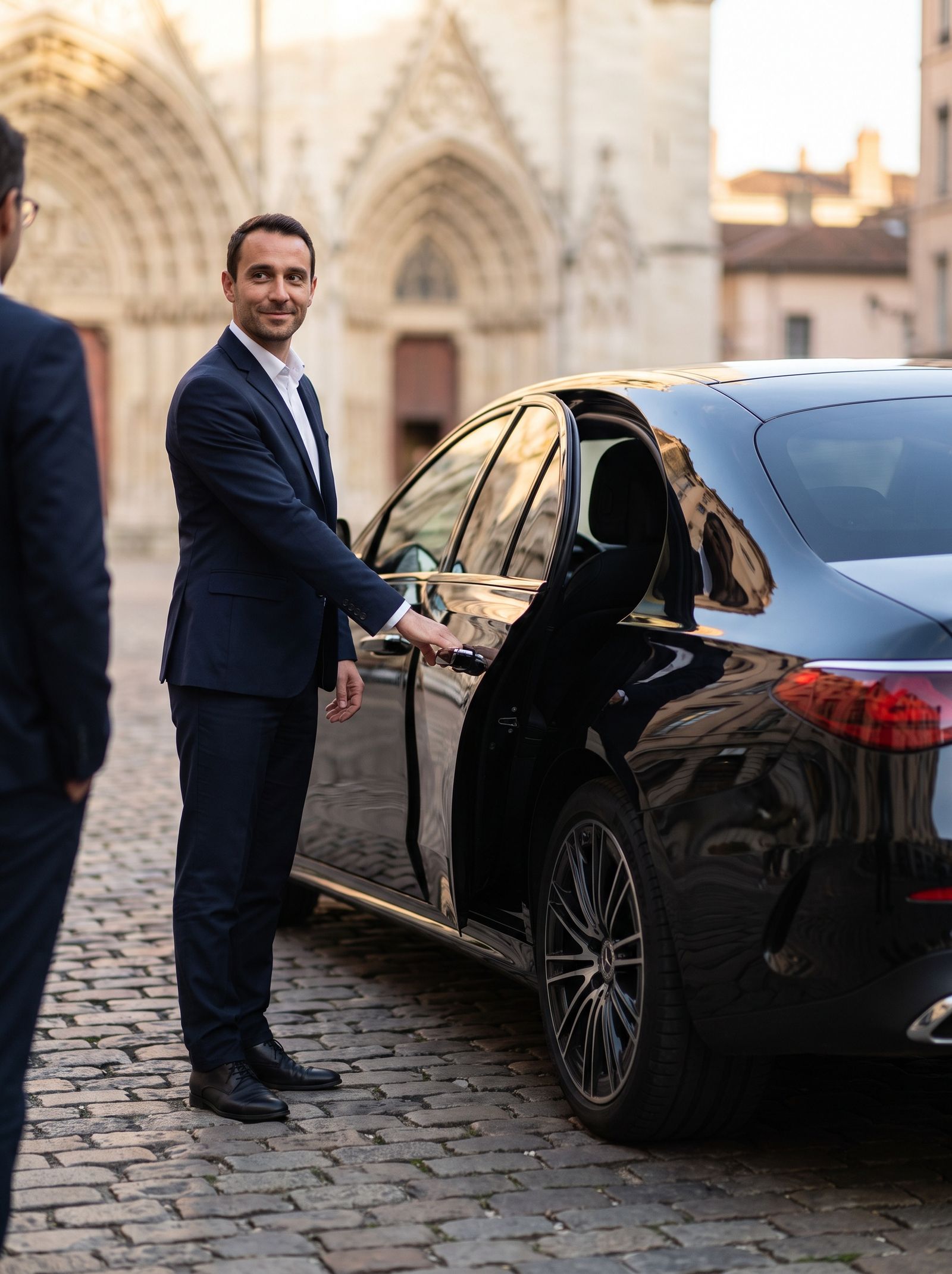 Chauffeur en costume sombre tenant la portière d'une berline noire