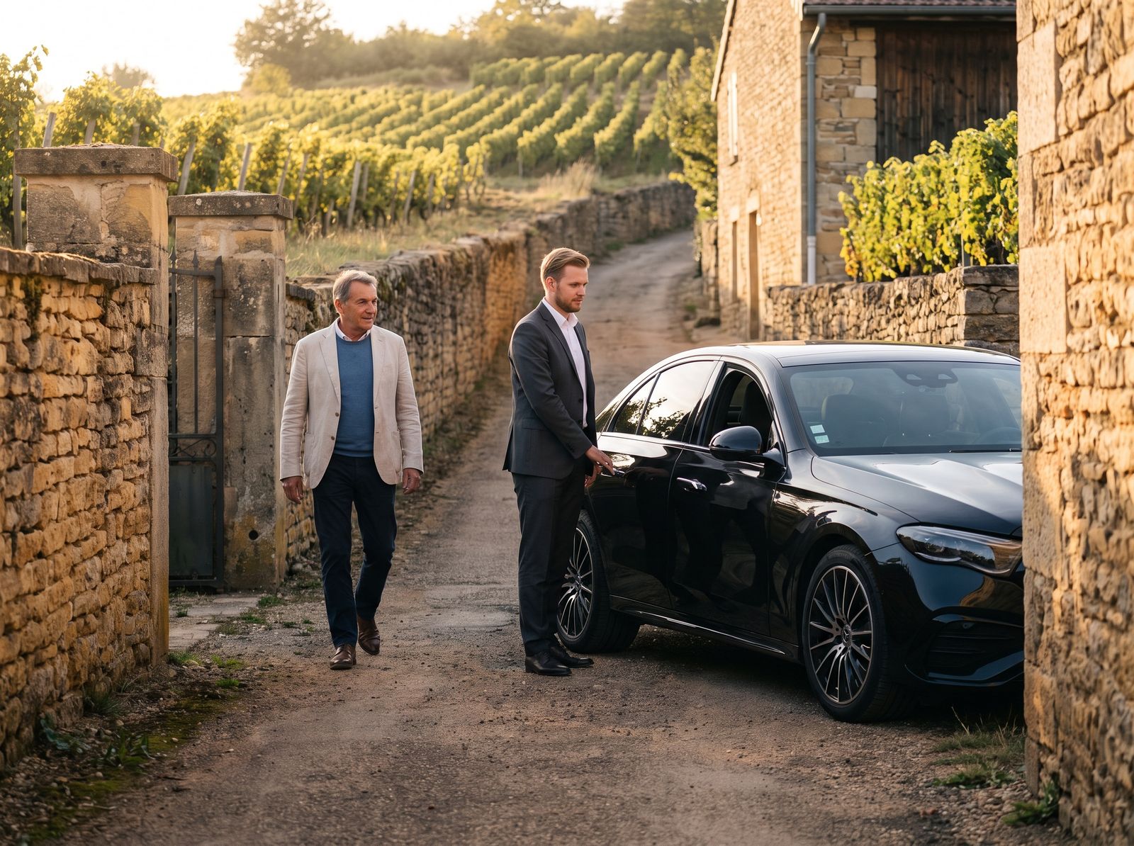 Berline électrique sur une route des Monts d'Or au lever du jour